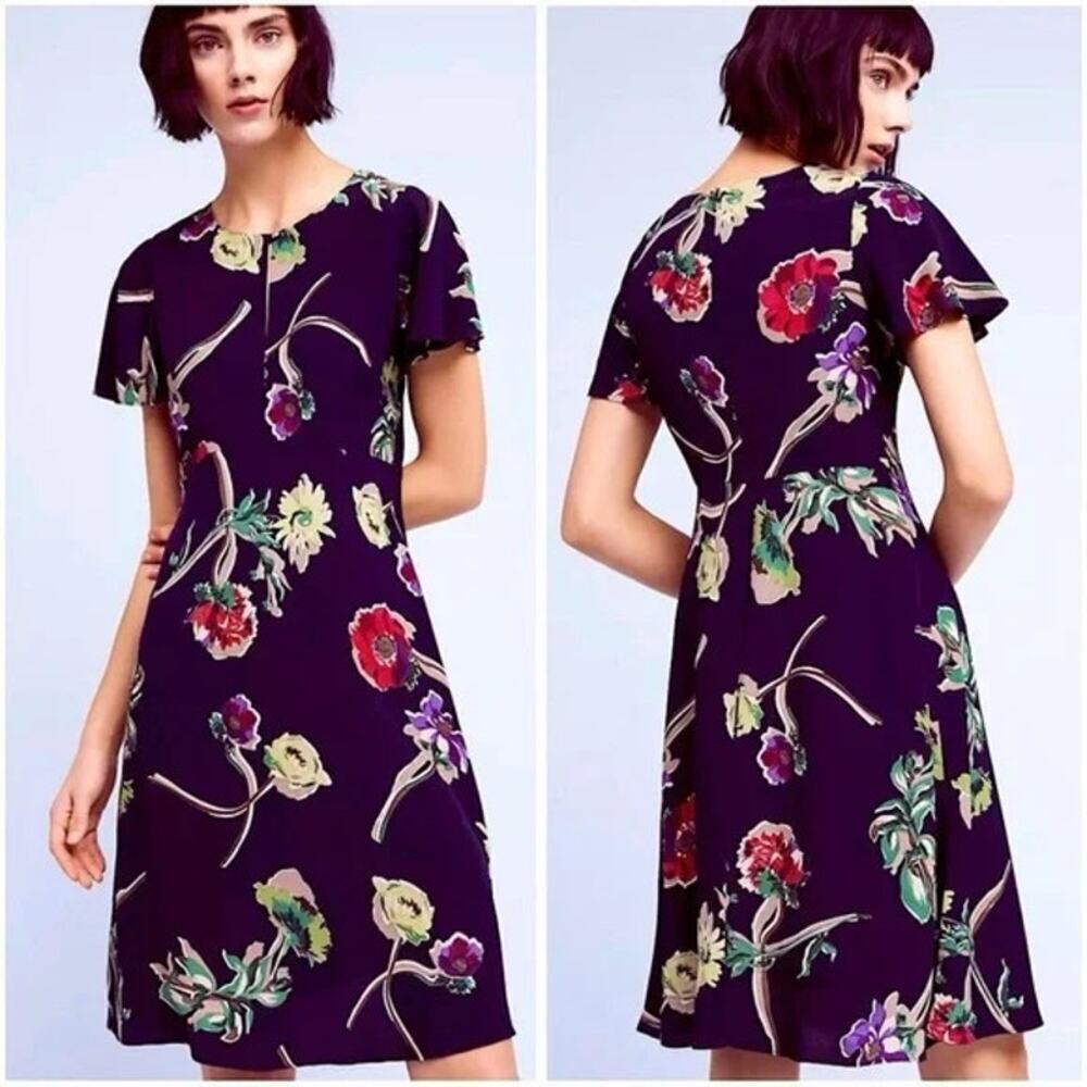 ANTHROPOLOGIE Maeve Geoplanes Floral Dress Navy Blue Size 10 Sheath